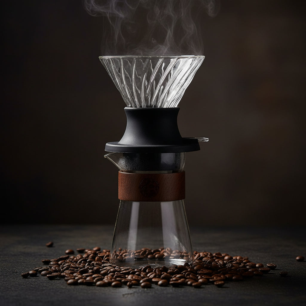 Glass coffee dripper with wooden collar.