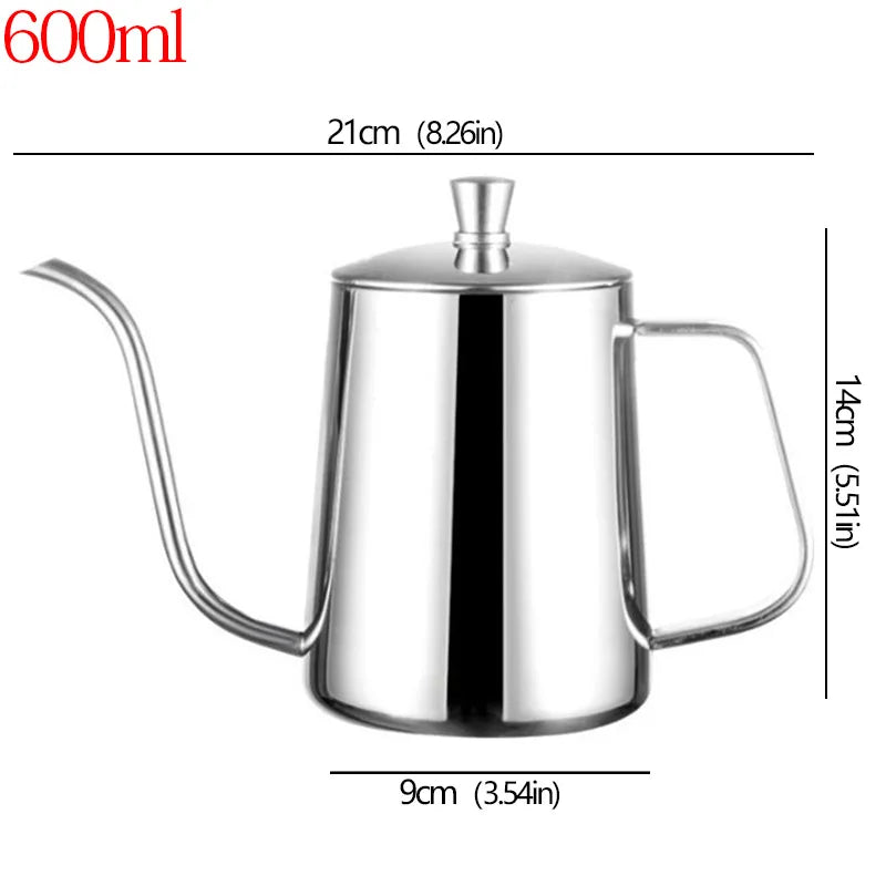 A stainless steel gooseneck kettle with a lid and handle, shown with dimension lines and text indicating 21cm width, 14cm height, and 9cm base, plus '600ml' in red at the top left.