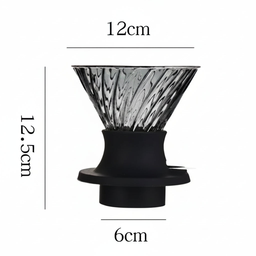 Glass tea filter with black silicone base and measurements on a white background