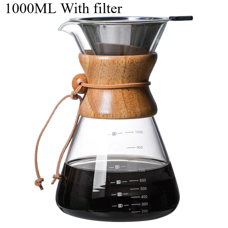 Clear glass coffee maker with wooden top and black coffee inside, labeled '1000ML With filter'.