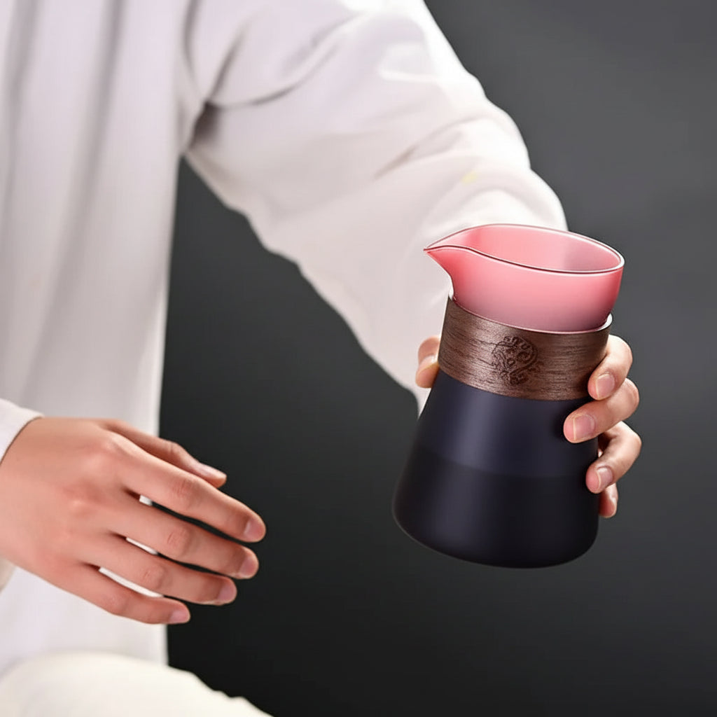 Person holding a pink and black coffee brewing device against a dark background