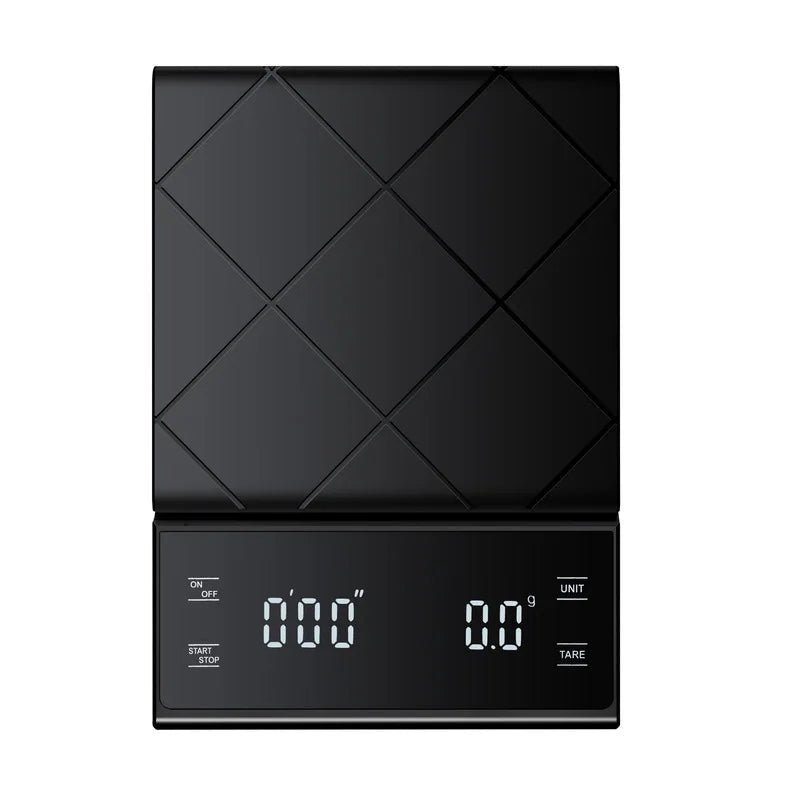 Black digital kitchen scale with geometric pattern on a white background