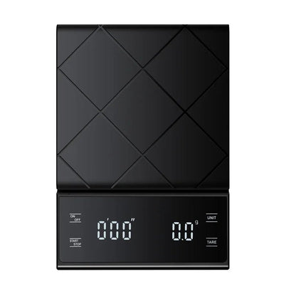 Black digital kitchen scale with geometric pattern on a white background