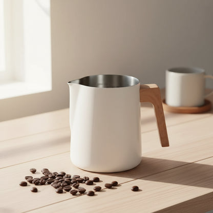 White milk pitcher with wooden handle on a table