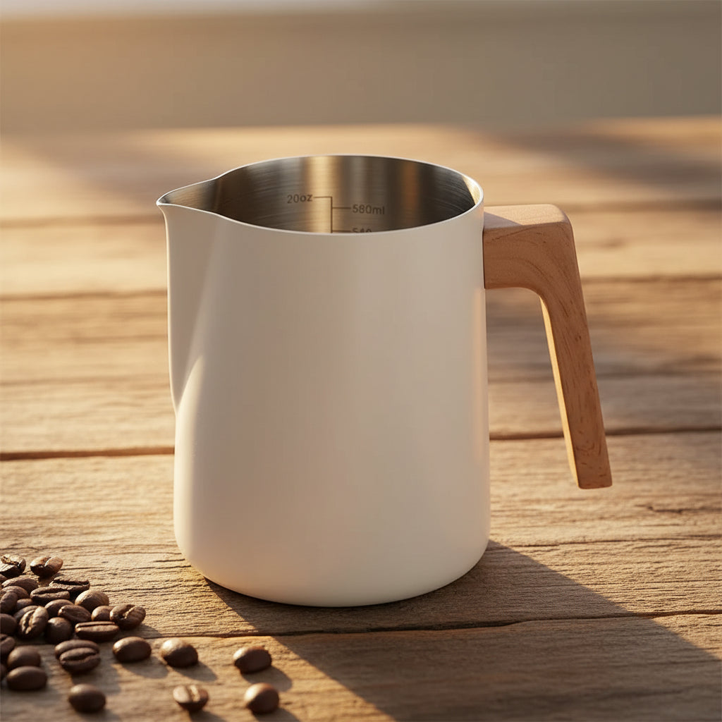 White milk pitcher with wooden handle on a table