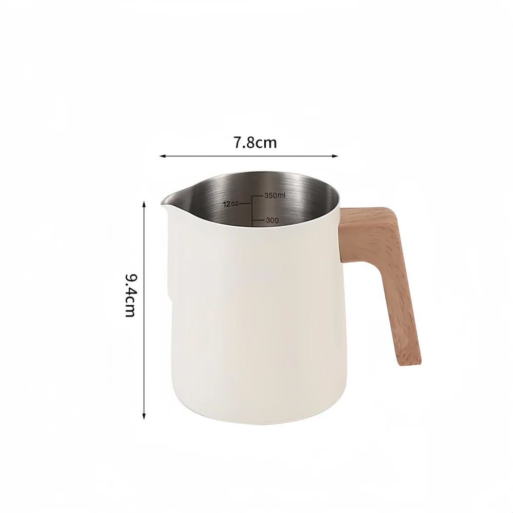 White milk pitcher with wooden handle and stainless steel top, dimensions indicated.