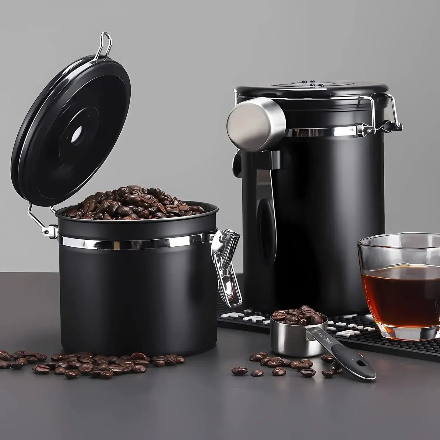 Black Container with Scoop for Coffee Storage