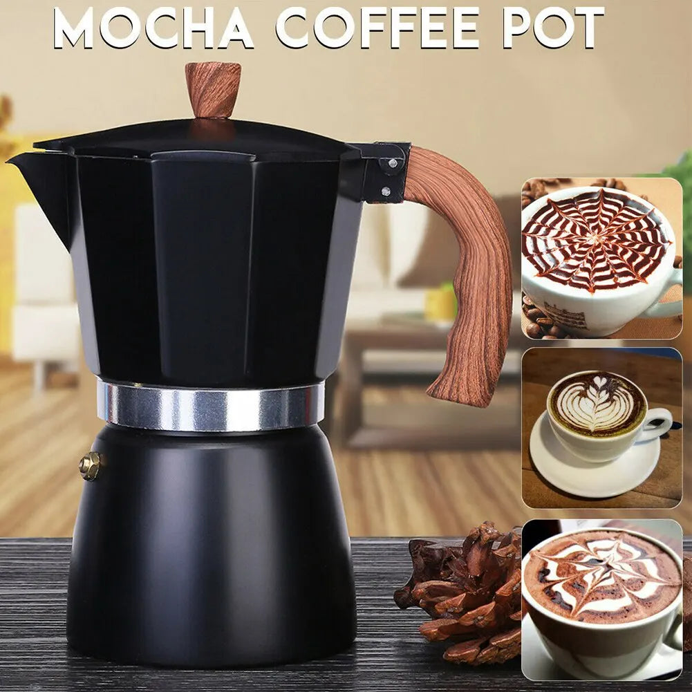 Black mocha coffee pot with wooden handle on a wooden surface, surrounded by coffee-related images.