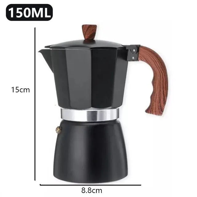 Black coffee maker with wooden handle and measurements on a white background