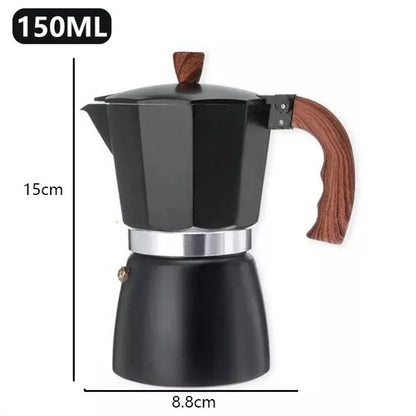 Black coffee maker with wooden handle and measurements on a white background