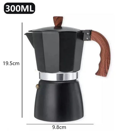 Black coffee maker with wooden handle and measurements on a white background