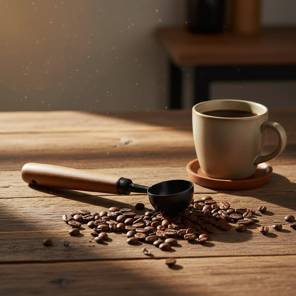 A small ladle or scoop with a brown wooden handle and a black metal bowl.