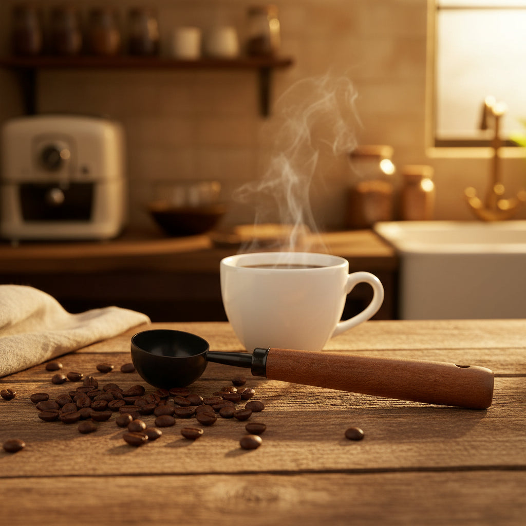 A small ladle or scoop with a brown wooden handle and a black metal bowl.