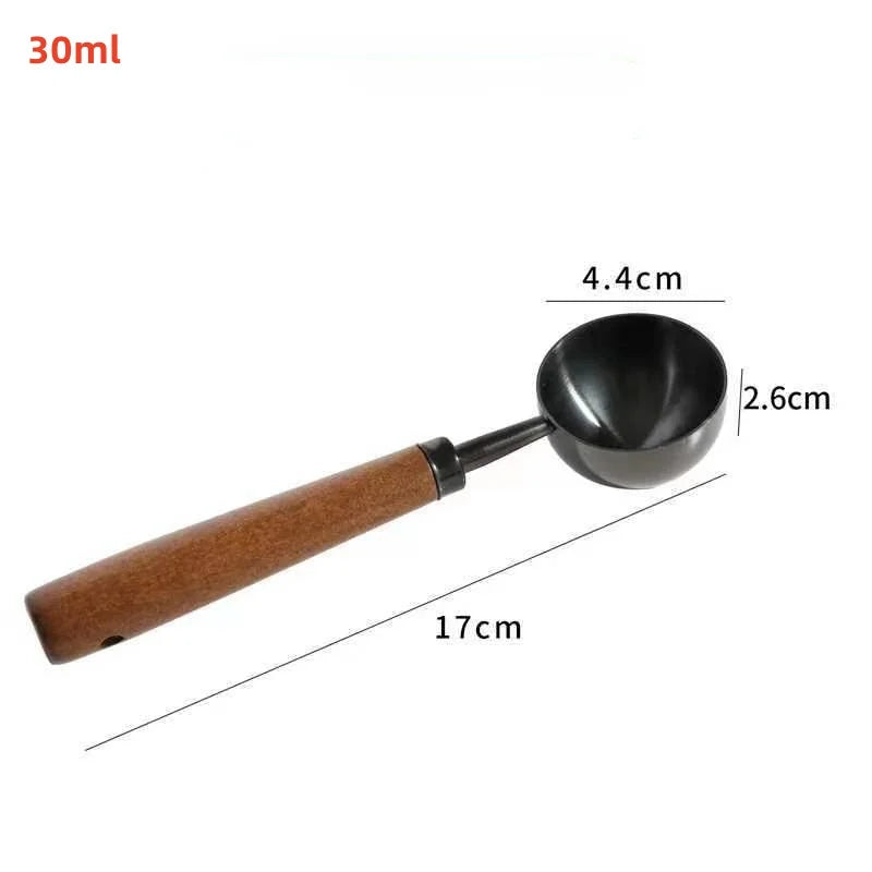 Measurement details of a wooden-handled scoop with a black bowl on a white background