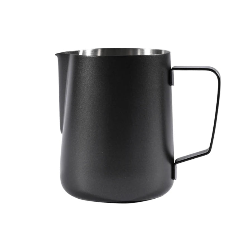 Black milk frothing pitcher on a white background