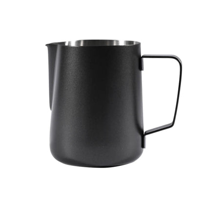 Black milk frothing pitcher on a white background