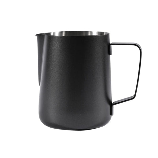 Black milk frothing pitcher on a white background