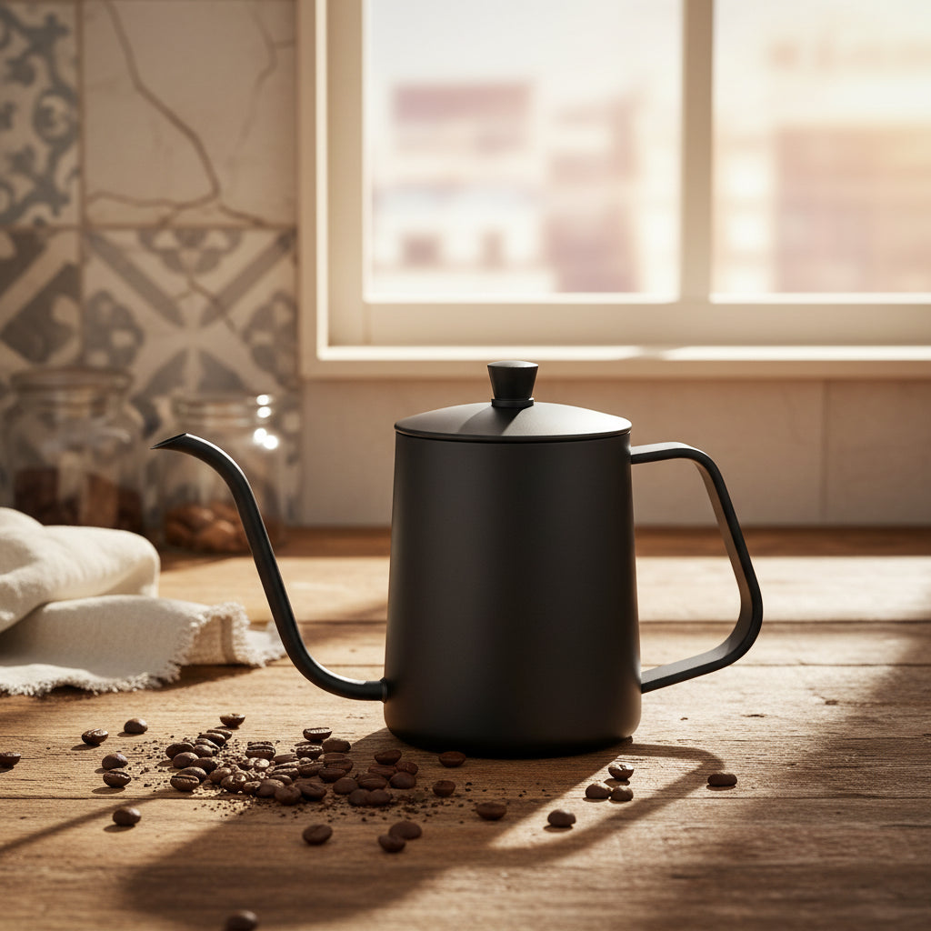 A matte black gooseneck coffee kettle with a matching lid and a curved handle