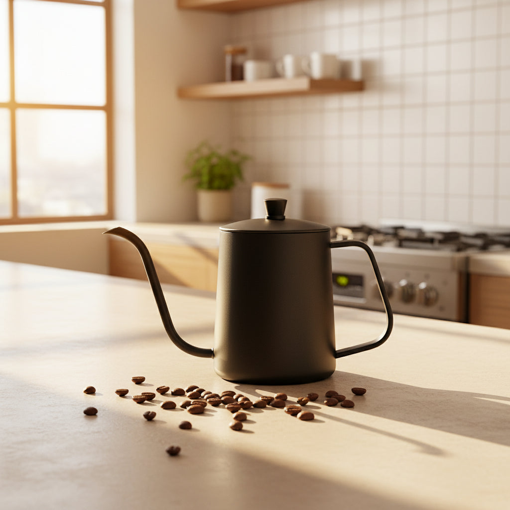 A matte black gooseneck coffee kettle with a matching lid and a curved handle