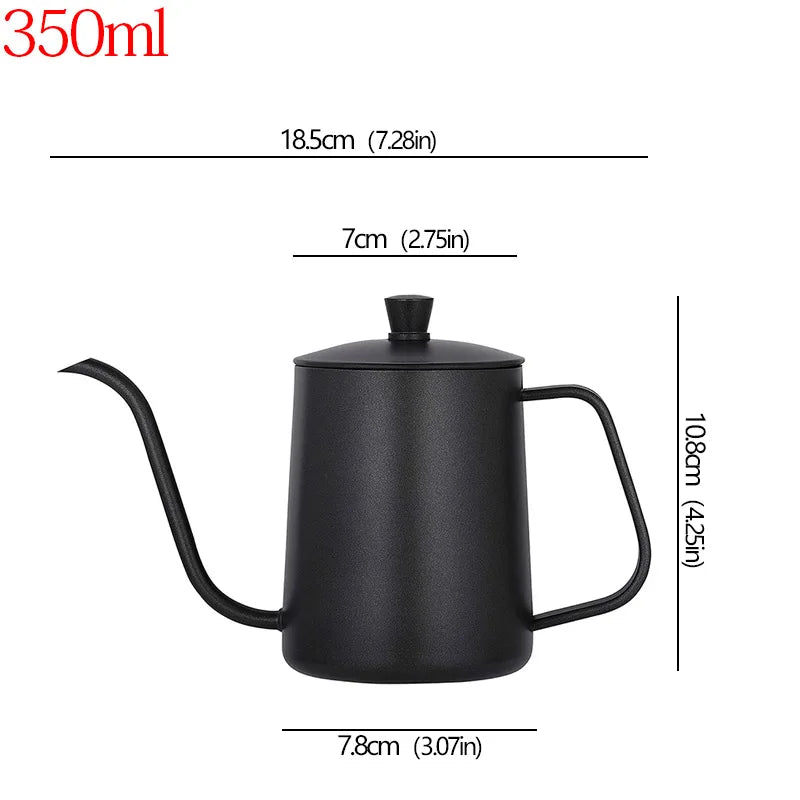Black metal gooseneck kettle with dimension lines showing measurements of 18.5cm, 7cm, 10.