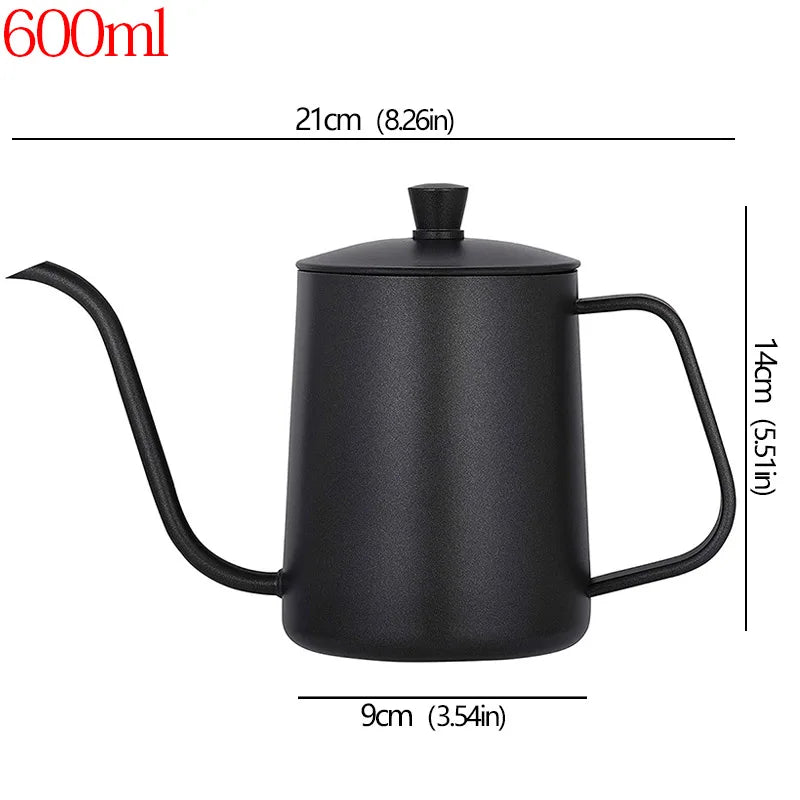 Black metal gooseneck kettle with dimension lines and text showing 21cm width, 14cm height, and 9cm base, plus a red 600ml volume label on a white background.
