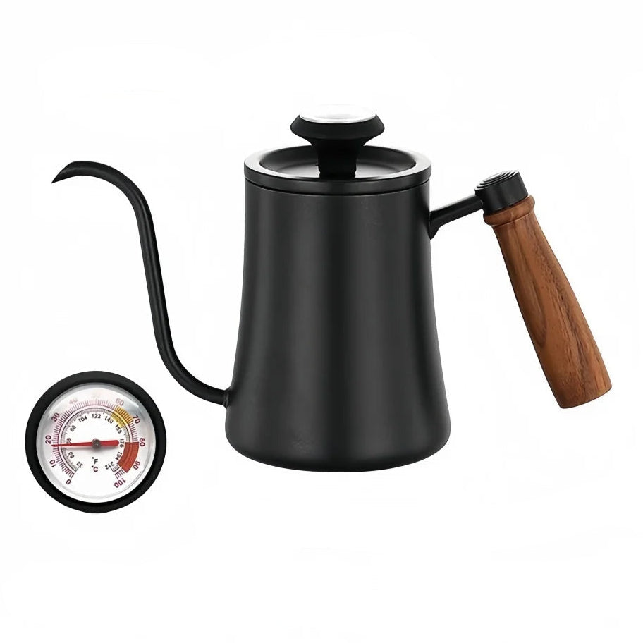 Black coffee kettle with wooden handle and temperature gauge