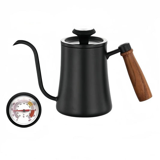 Black coffee kettle with wooden handle and temperature gauge