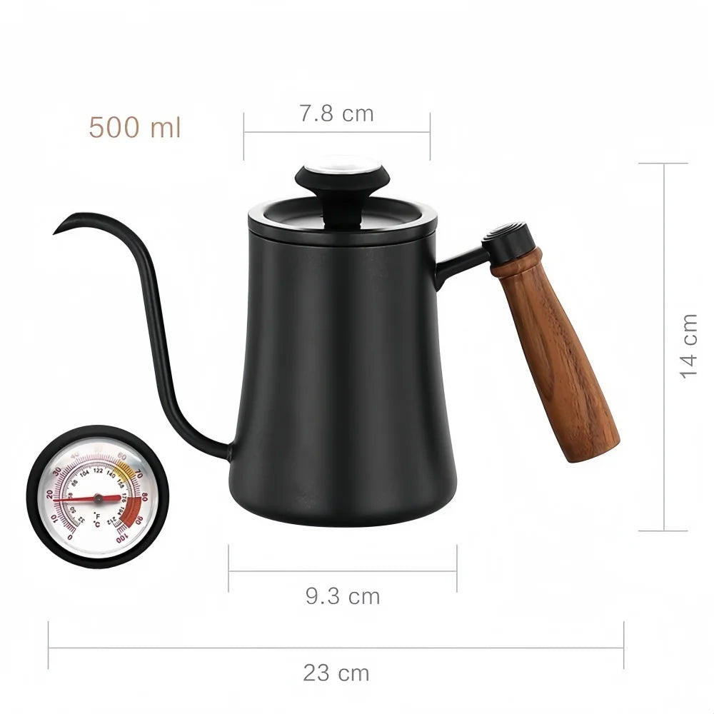 Black coffee kettle with wooden handle and temperature gauge, showing measurements on a white background.