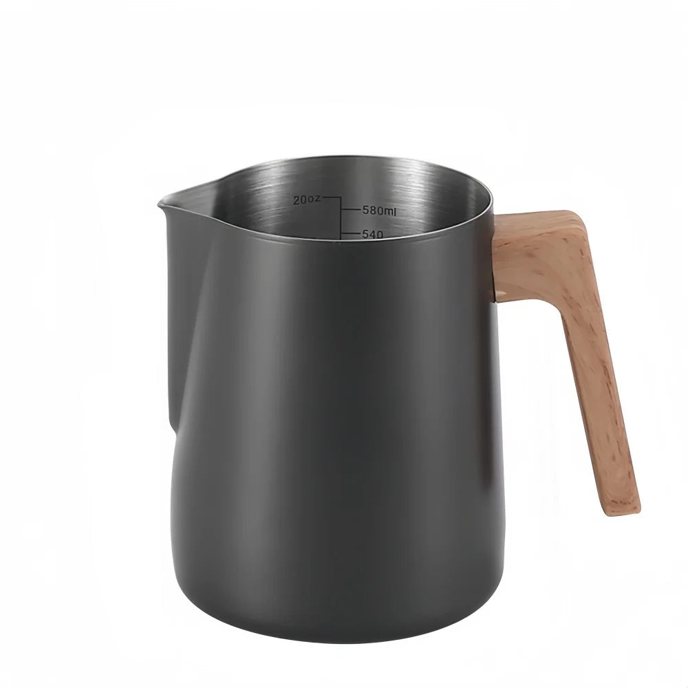 A matte dark gray milk pitcher with a light wood handle and stainless steel interior.