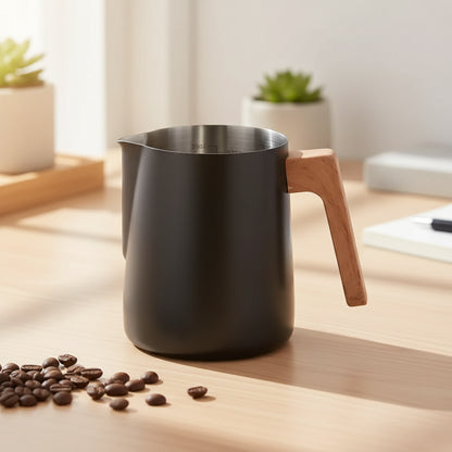 A matte black stainless steel milk pitcher with a light brown wooden handle.