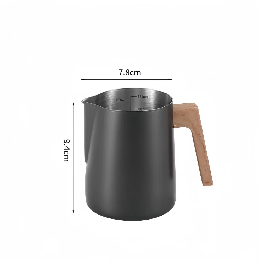 Black milk pitcher with wooden handle and measurements on a white background