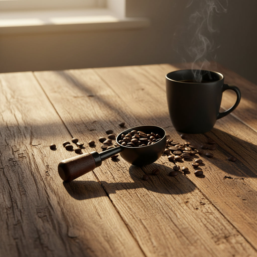 A small black metal scoop or ladle with a brown wooden handle