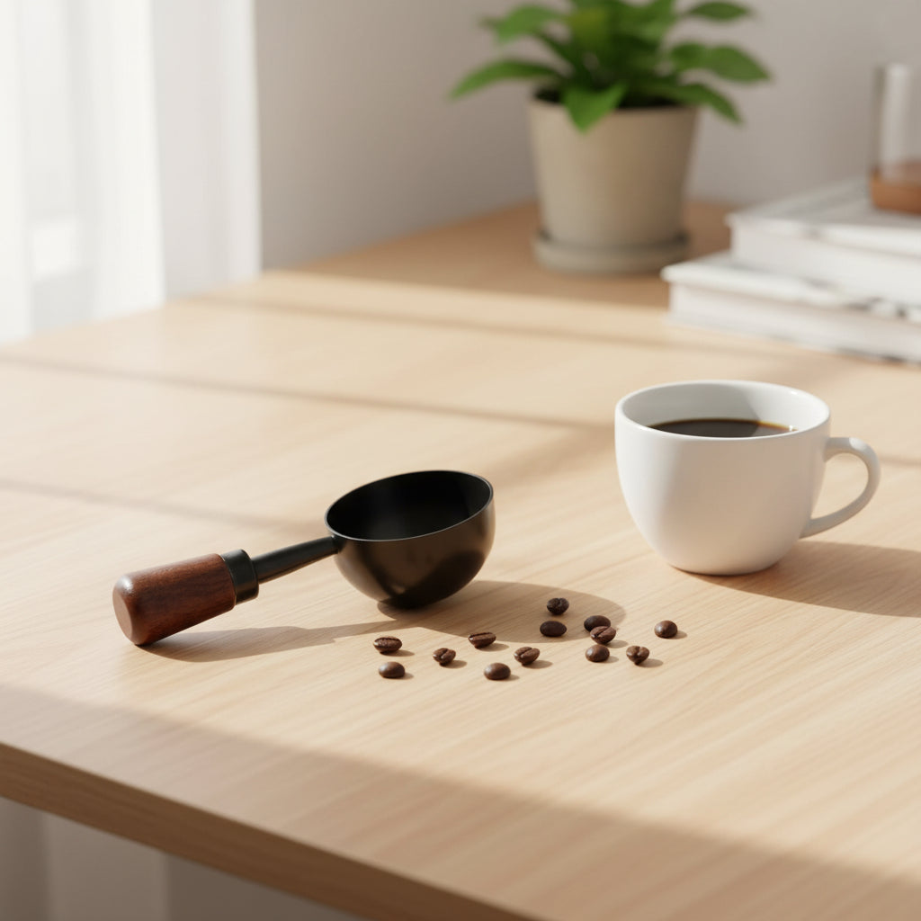A small black metal scoop or ladle with a brown wooden handle.