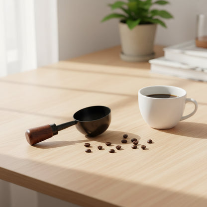 A small black metal scoop or ladle with a brown wooden handle.