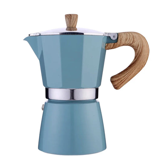 Blue espresso maker with wooden handle and lid on a white background
