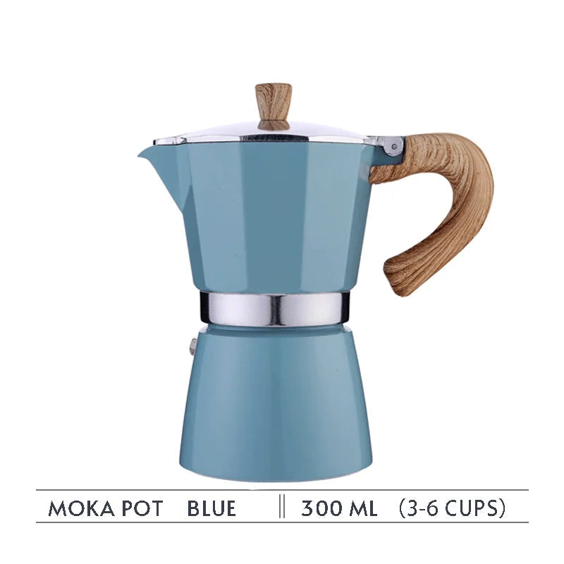 Blue moka pot with wooden handle on a white background