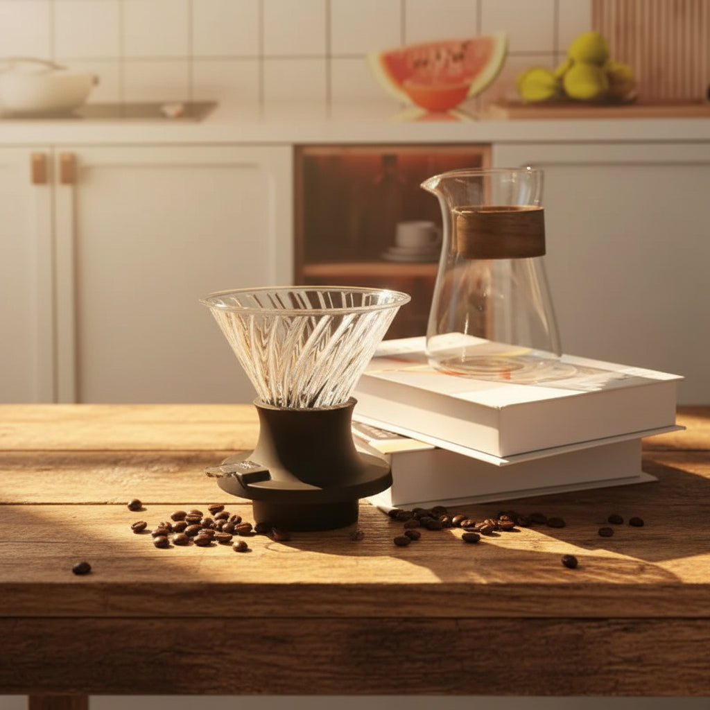 Coffee brewing setup with a glass coffee maker and coffee beans on a wooden table.