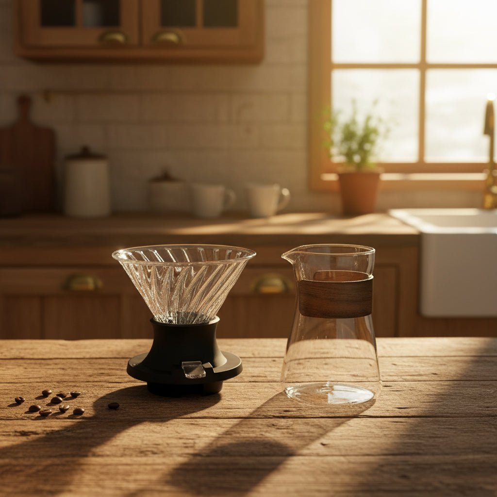 Clear glass coffee dripper and carafe.