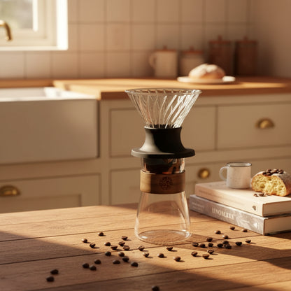 Clear glass coffee brewing device with black top on a white surface, books in the background.