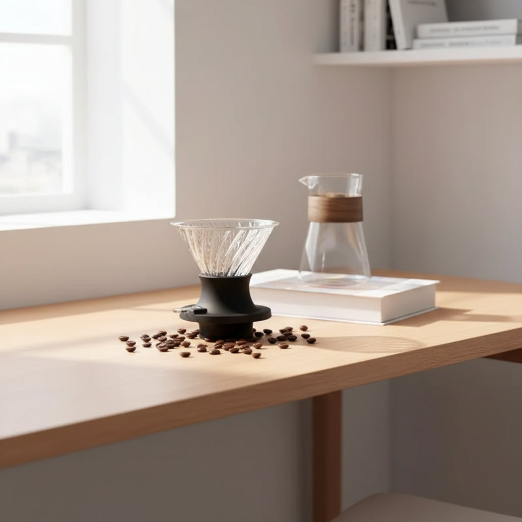 Clear glass coffee dripper with black base on a kitchen counter