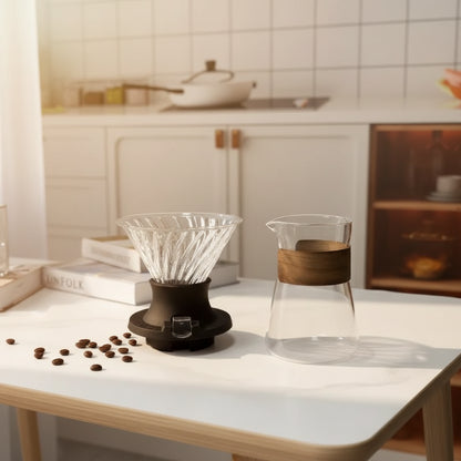 Clear glass coffee dripper and carafe on a white surface with kitchen background