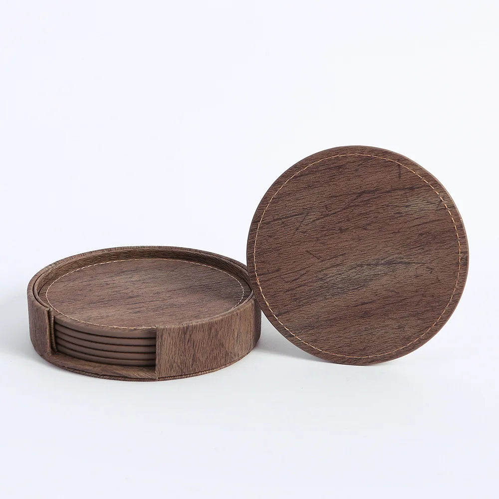 Set of wooden coasters with a holder on a white background