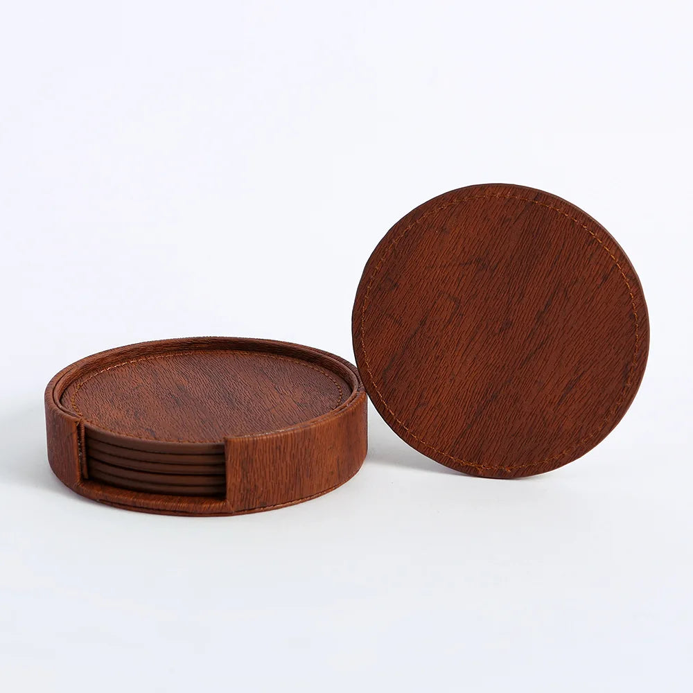 Set of wooden coasters with a holder on a white background