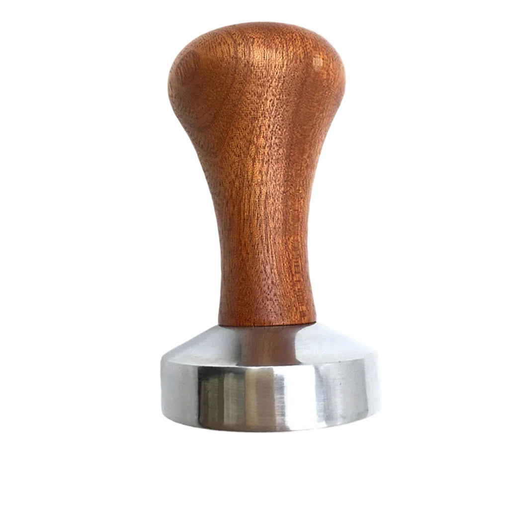 Wooden coffee tamp with dimensions labeled on a white background