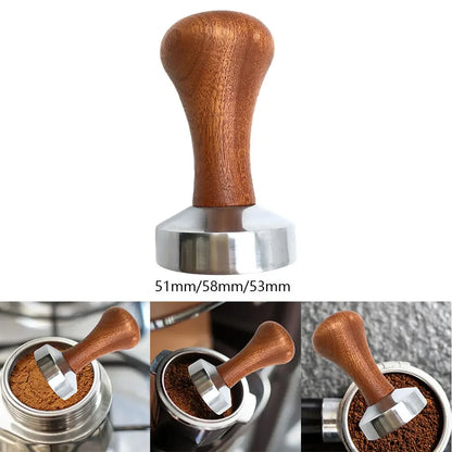 Wooden coffee tamp with metal base and measurements, used for compressing coffee grounds.