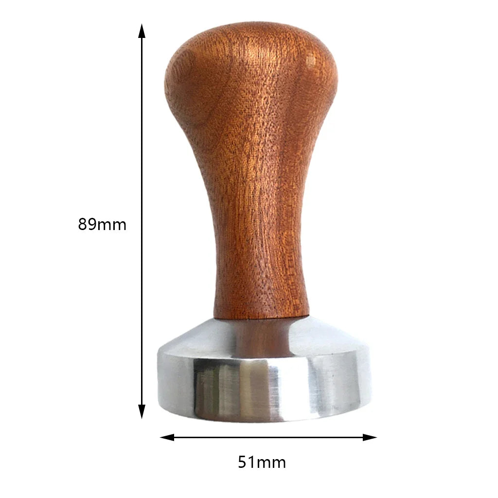 Wooden coffee tamp with dimensions labeled on a white background