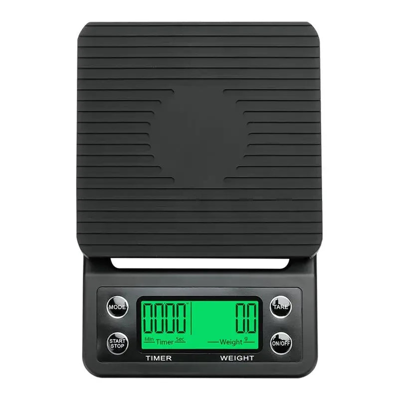 Black digital scale with a green display on a white background
