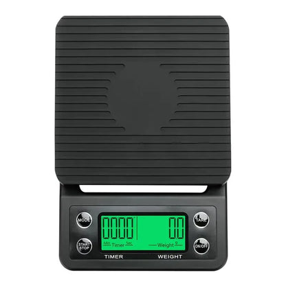 Black digital scale with a green display on a white background