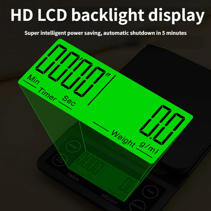 Digital scale with green LCD display showing weight and timer information on a dark background.