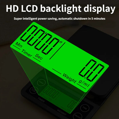 Digital scale with green LCD display showing weight and timer information on a dark background.